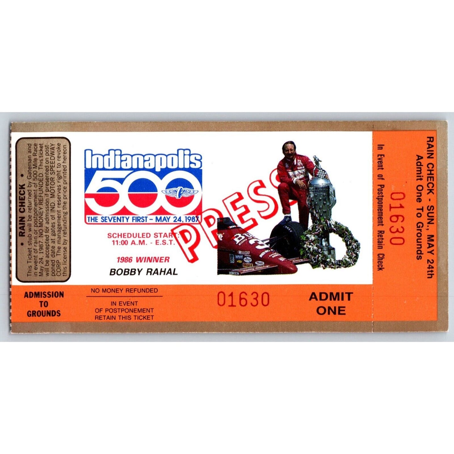 1987 Indianapolis 500 "Press" Ticket Stub Racing IMS Bobby Rahal #1630