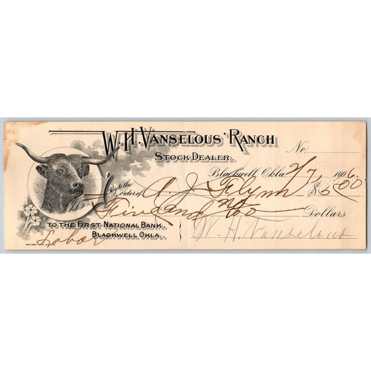 Blackwell OK 1908 Territorial V.H. Vanselous Ranch Check Bull Vignette - Scarce