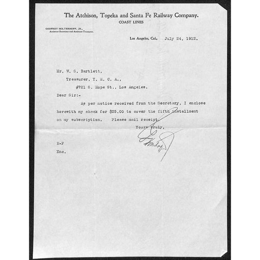 Atchison, Topeka and Santa Fe Railway Co. Los Angeles YMCA July 1912 Letterhead