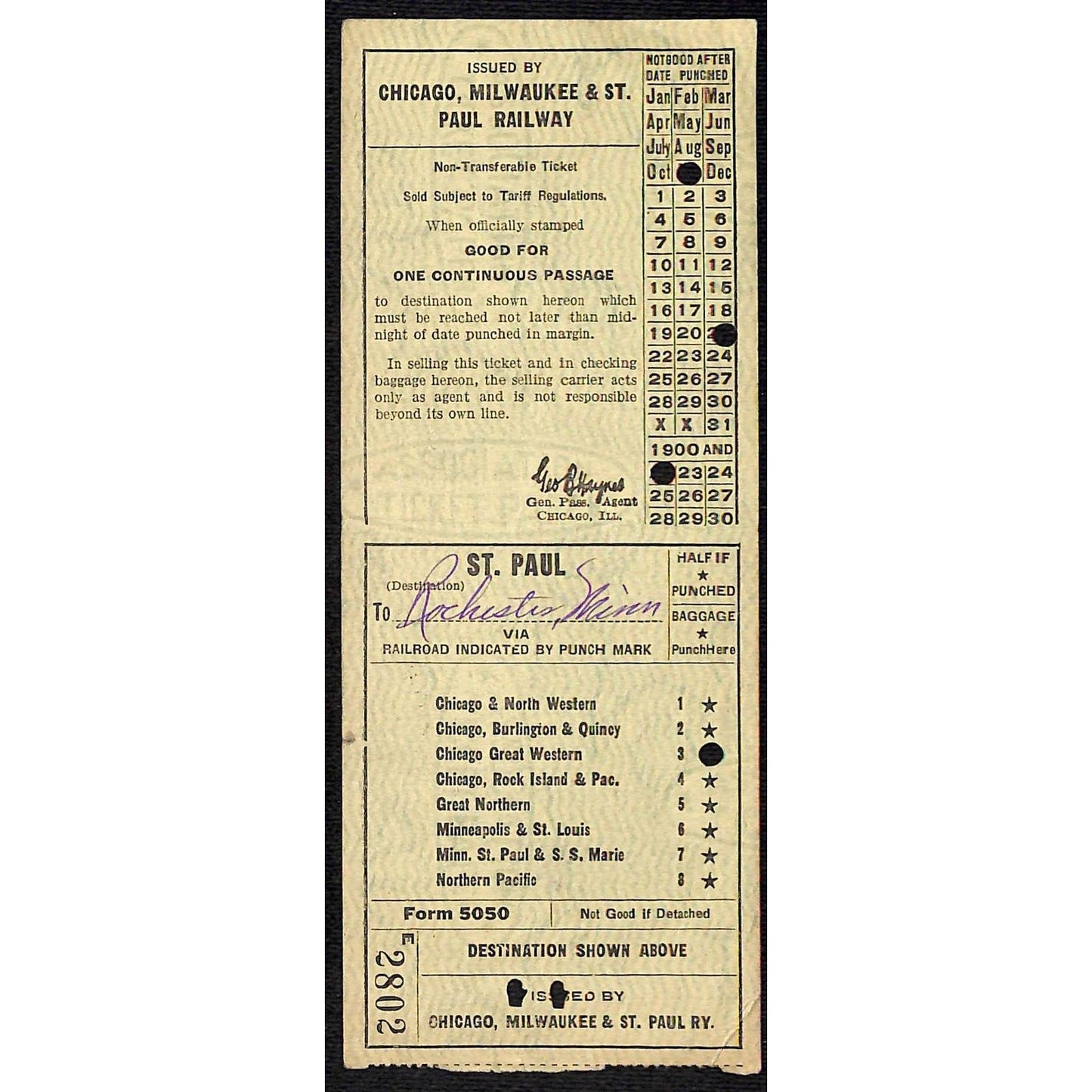 1922 Chicago, Milwaukee & St. Paul Railway Ticket to Rochester, MINN