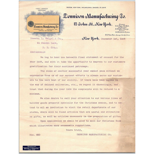 Dennison Manufacturing 1905 Letterhead 15 John St NYC Tags w/ Giant Vignettes