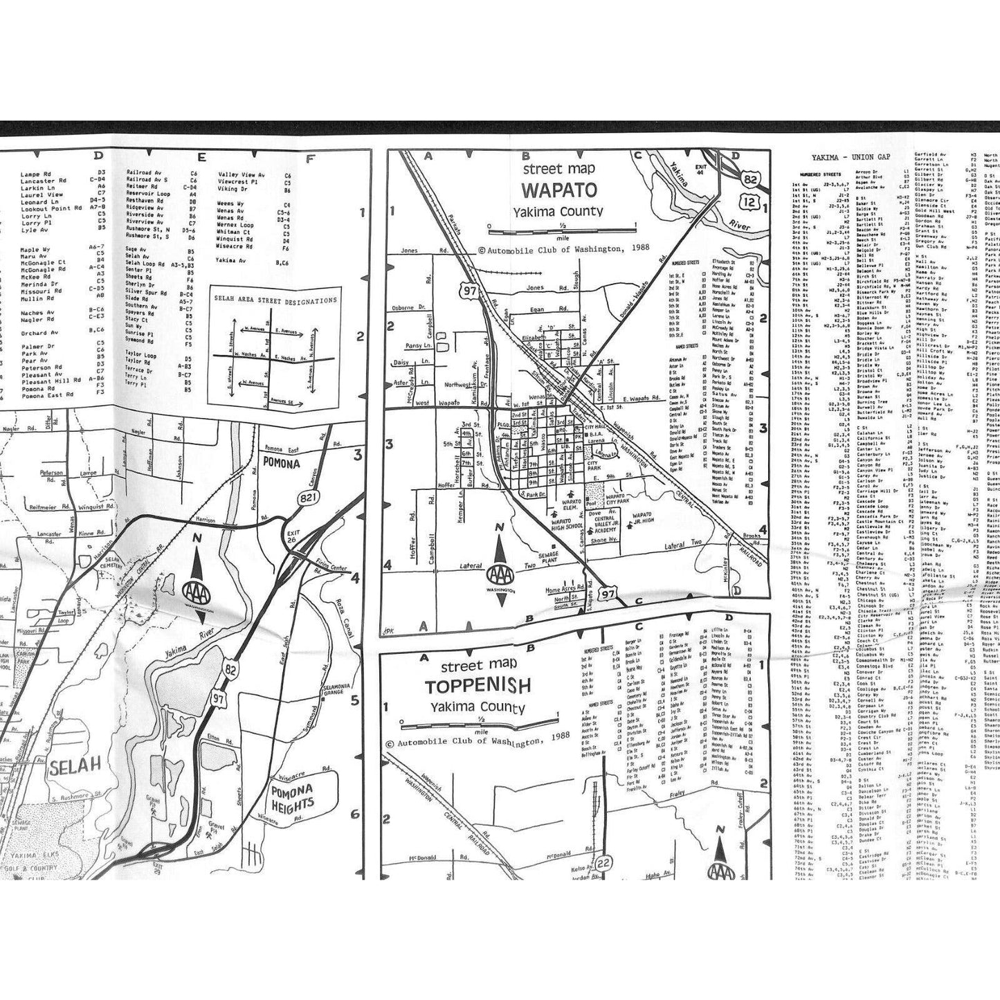 Yakima Union Gap Selah Wapato Toppenish Washington AAA Street Map VGC