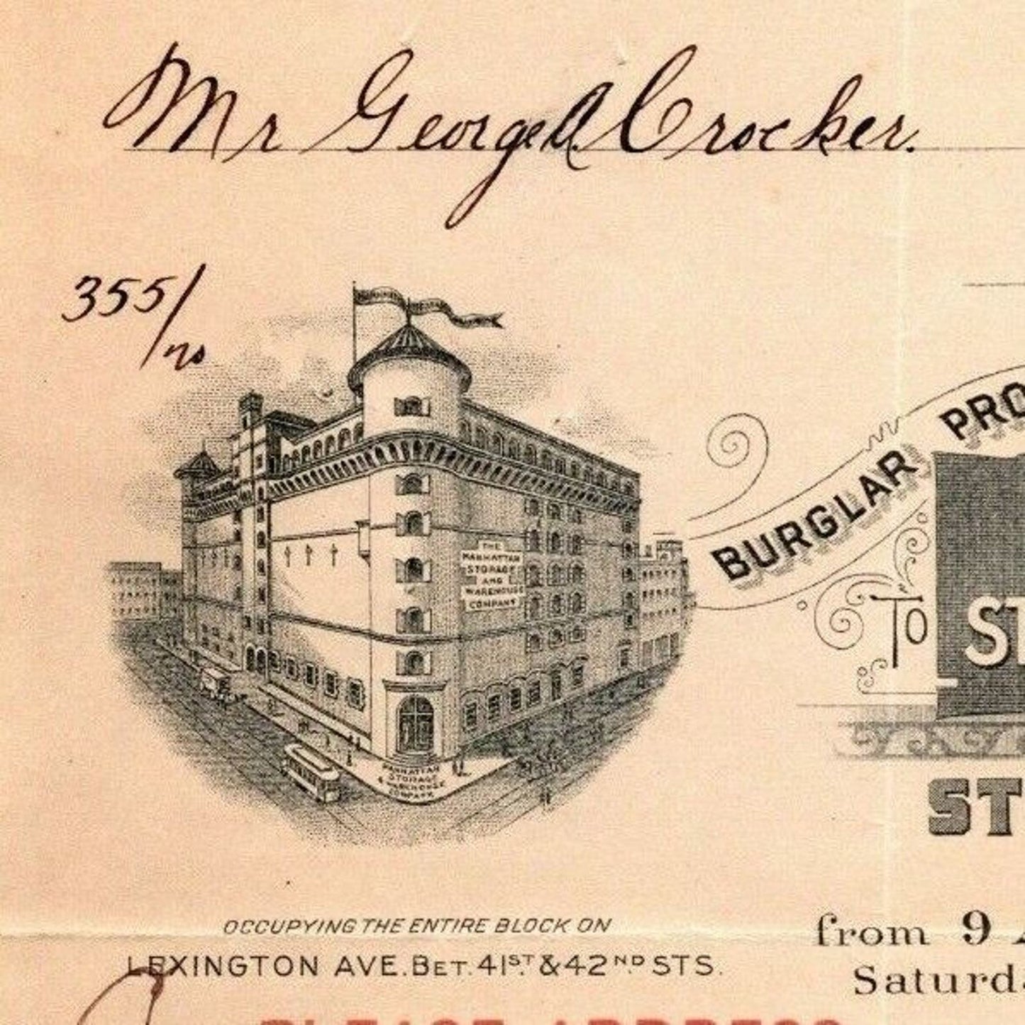 1904 Manhattan Storage George A. Crocker Letterhead 52nd 53rd St 7th Ave NYC