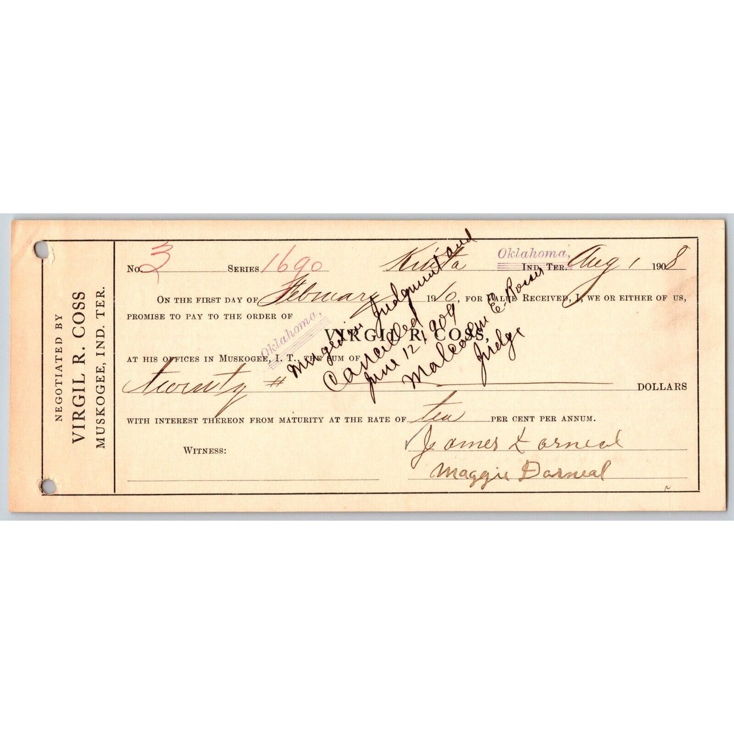 Kinta / Muskogee Oklahoma 1908 Virgil R. Cross Indian Territory Promissory Note