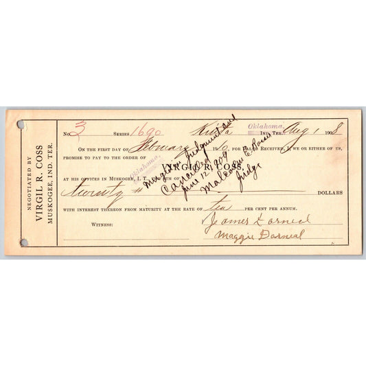 Kinta / Muskogee Oklahoma 1908 Virgil R. Cross Indian Territory Promissory Note