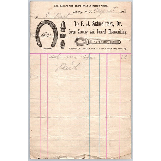 Liberty, NY F.J. Schweinfast Horse Shoeing & Blacksmithing August 1903 Billhead