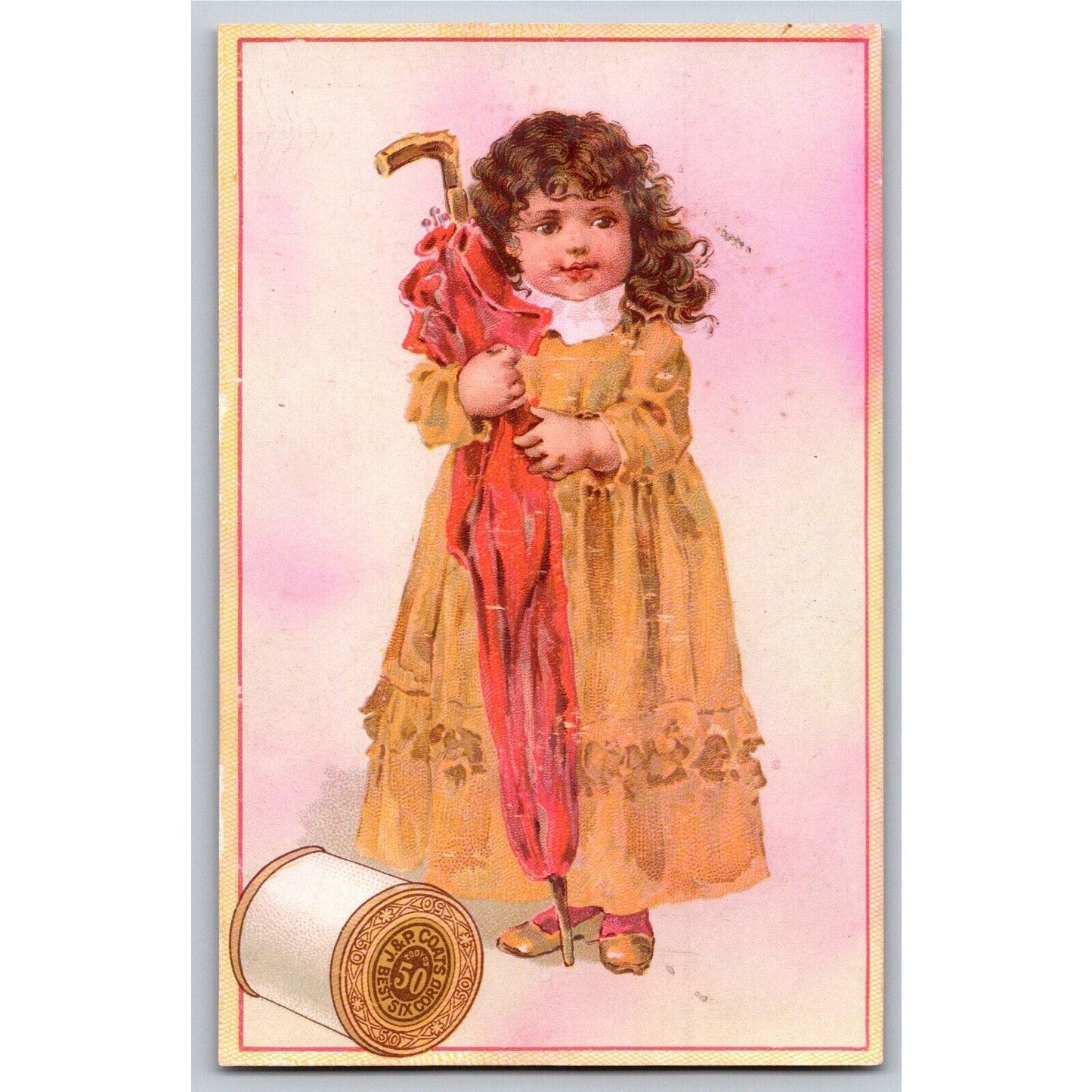 Girl in Dress with Umbrella Victorian Trade Card - JP Coats Thread