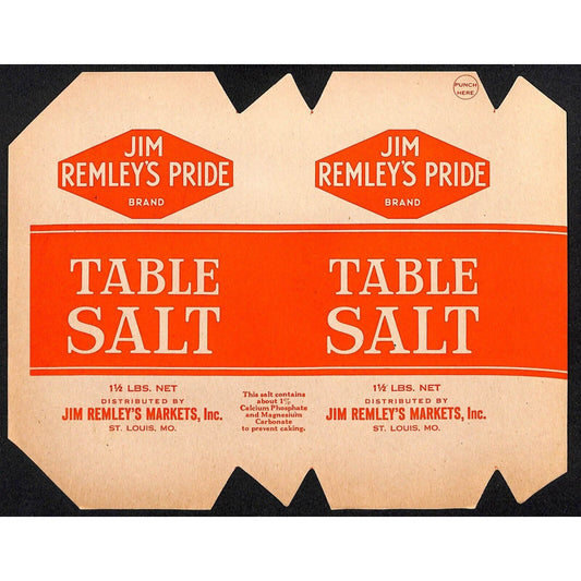 Jim Remley's Table Salt Paper Label c1930's Markets St. Louis, MO Scarce
