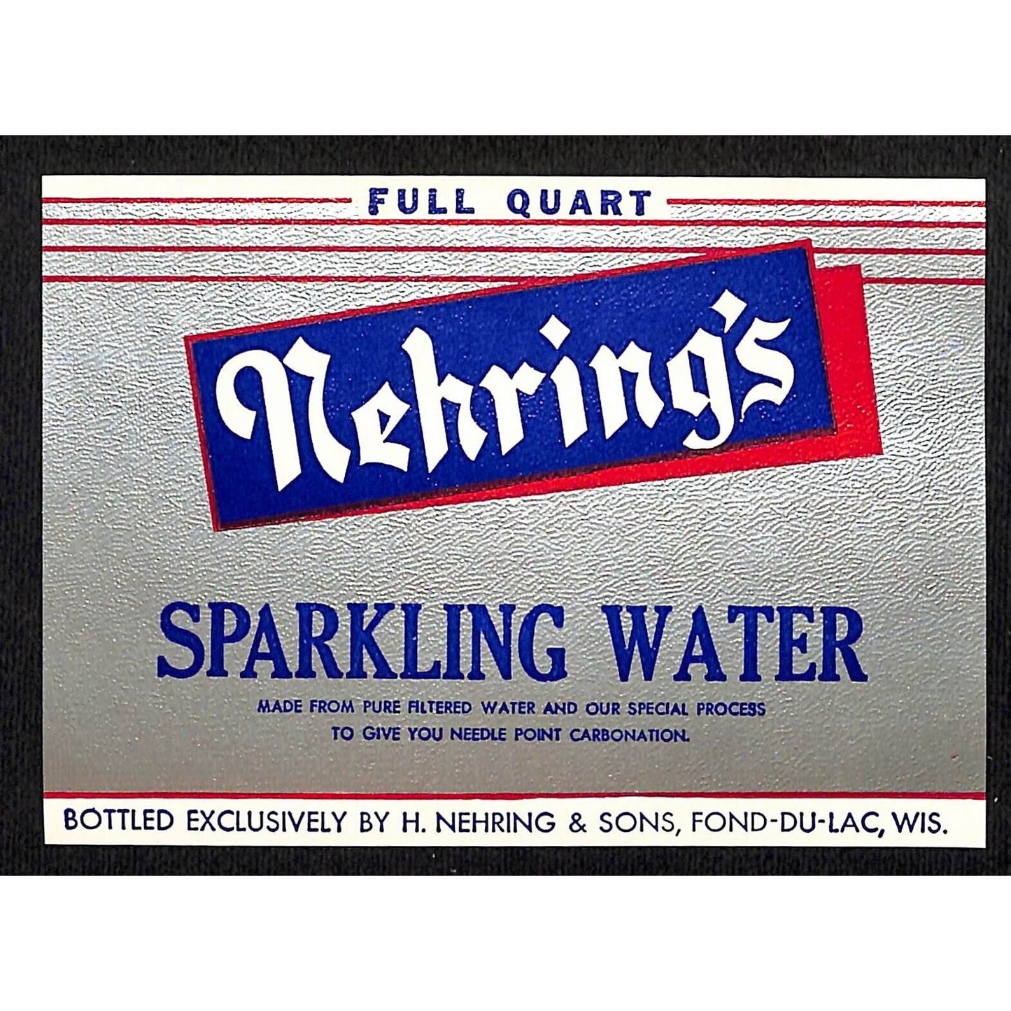 Nehring's Sparkling Water Fond-Du-Lac, WI Paper Soda Label 1920's-30's Scarce