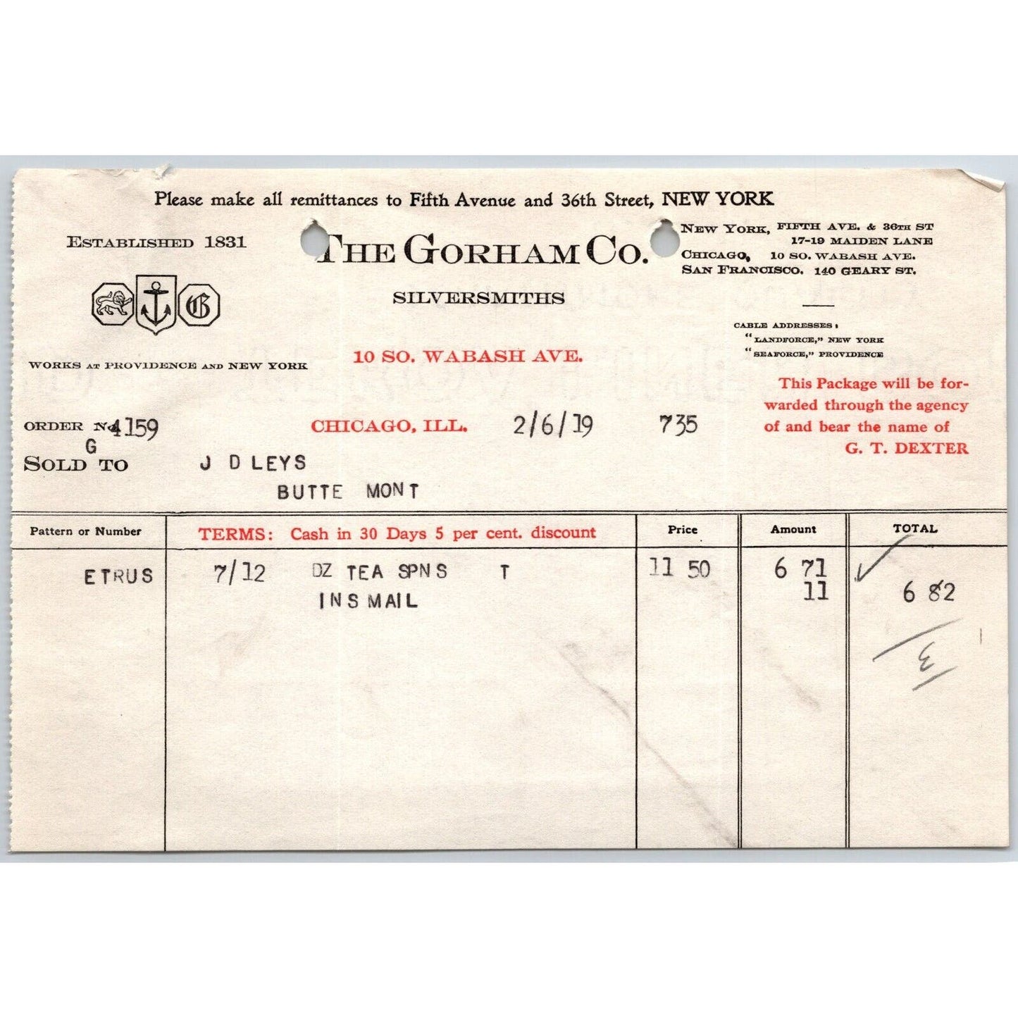 Gorham Silversmiths Chicago "Leys" Jewelers Butte, MT 1919 $6.82 Billhead