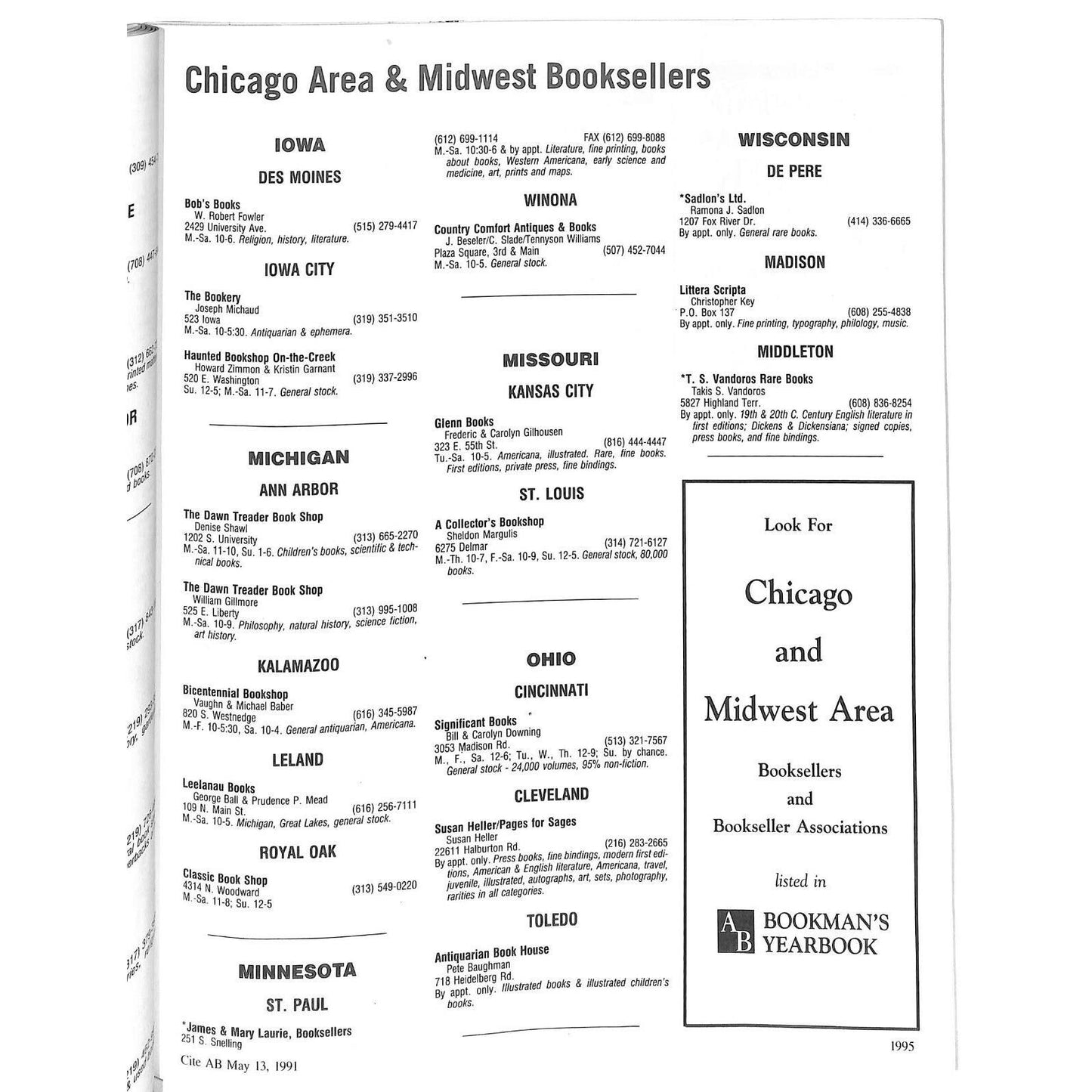 A B Bookman's Weekly Magazine May 13, 1991 Special Chicago Book Fair Issue 100+p