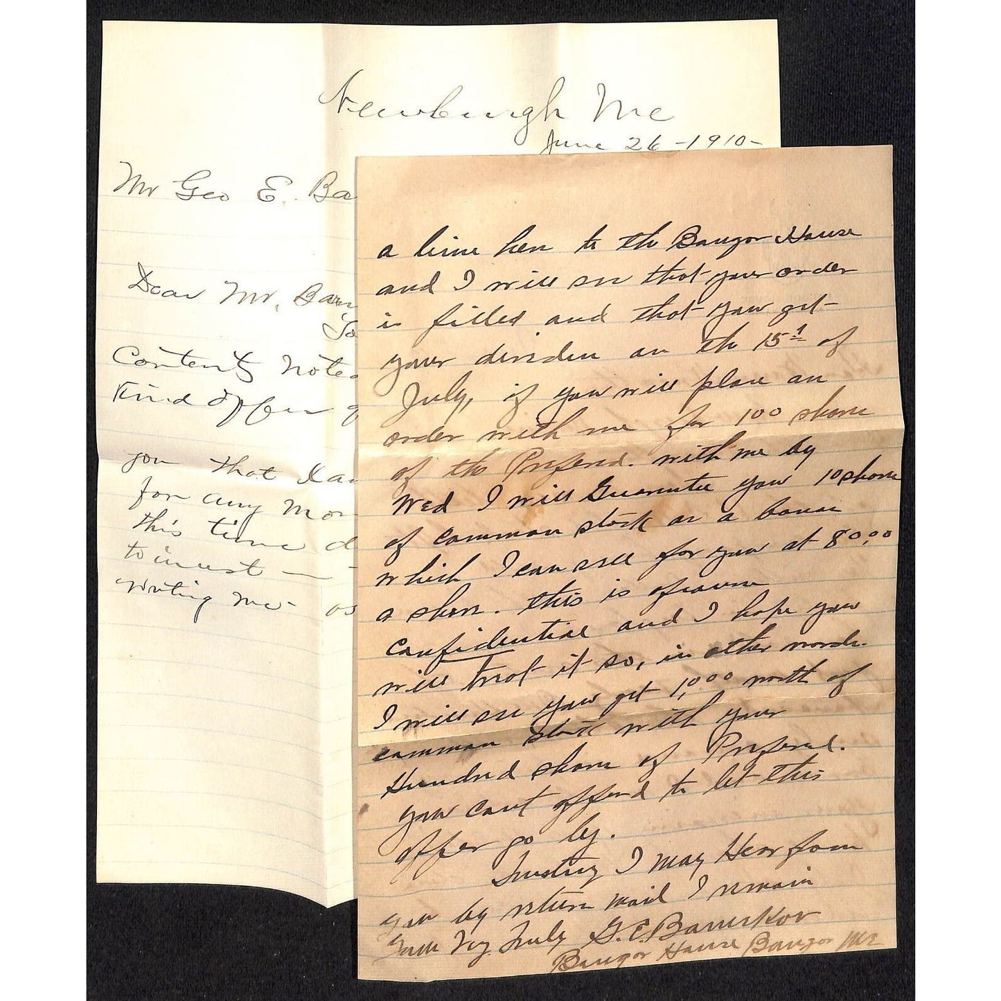 Newburgh, ME Amos W. Knowlton* 1911 Bangor House George E. Barnekove ALS + Cover