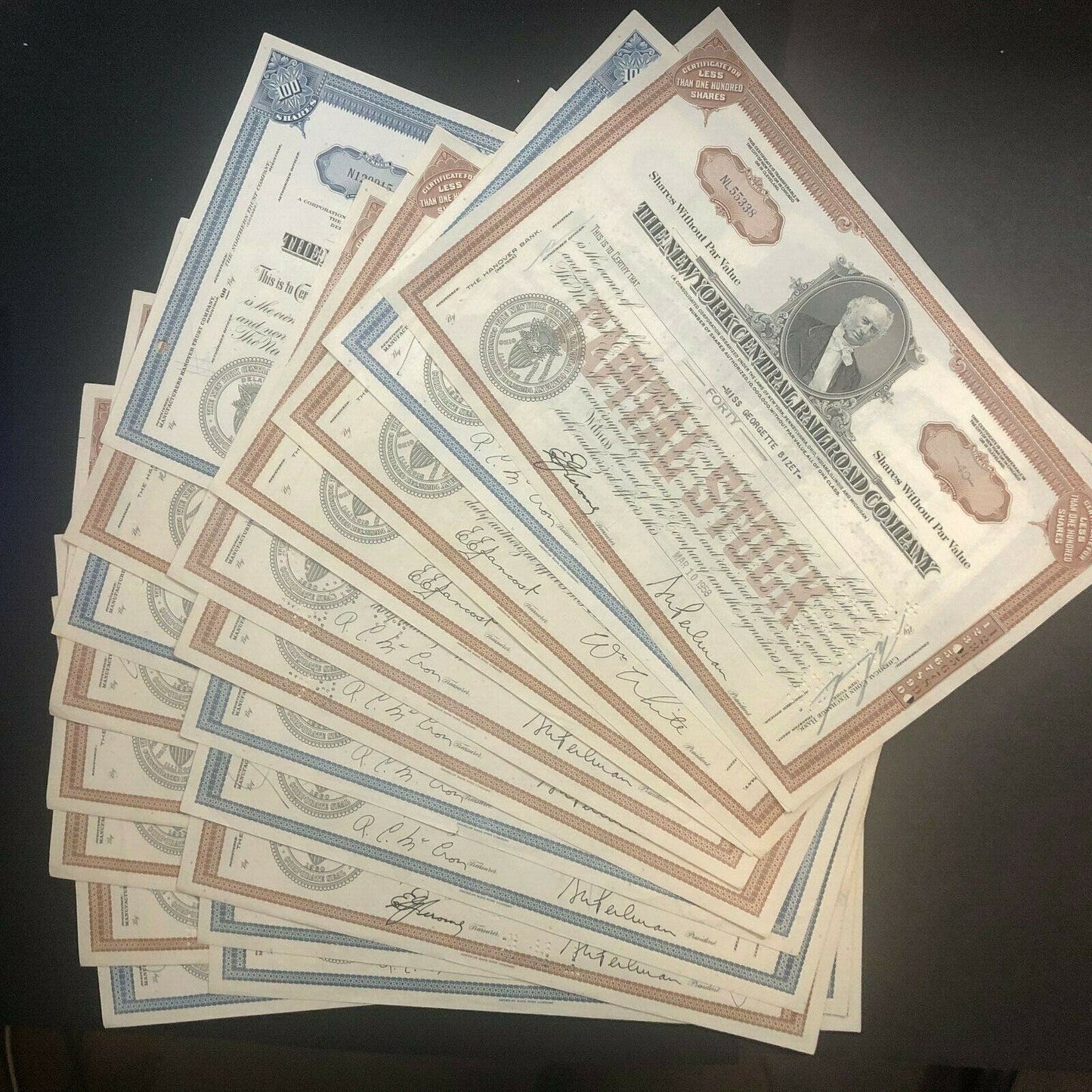 Group of 20 1960's New York Central Railroad Vintage Stock Certificates