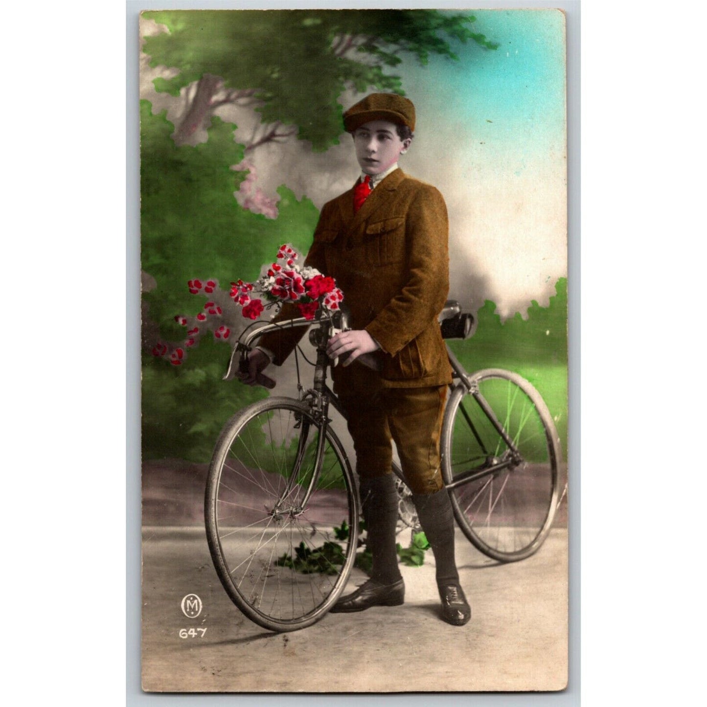 Vintage French Postcard c1919 Young Man w/ Flowers Stands w/ Bicycle Latvia PM