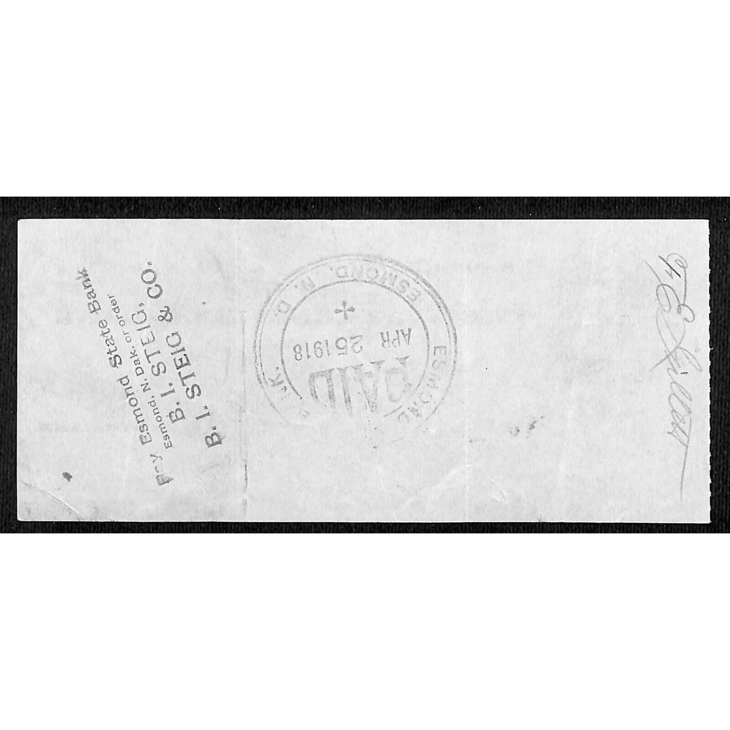 Esmond, ND First International Bank Check 1918 w/ Building Vignette