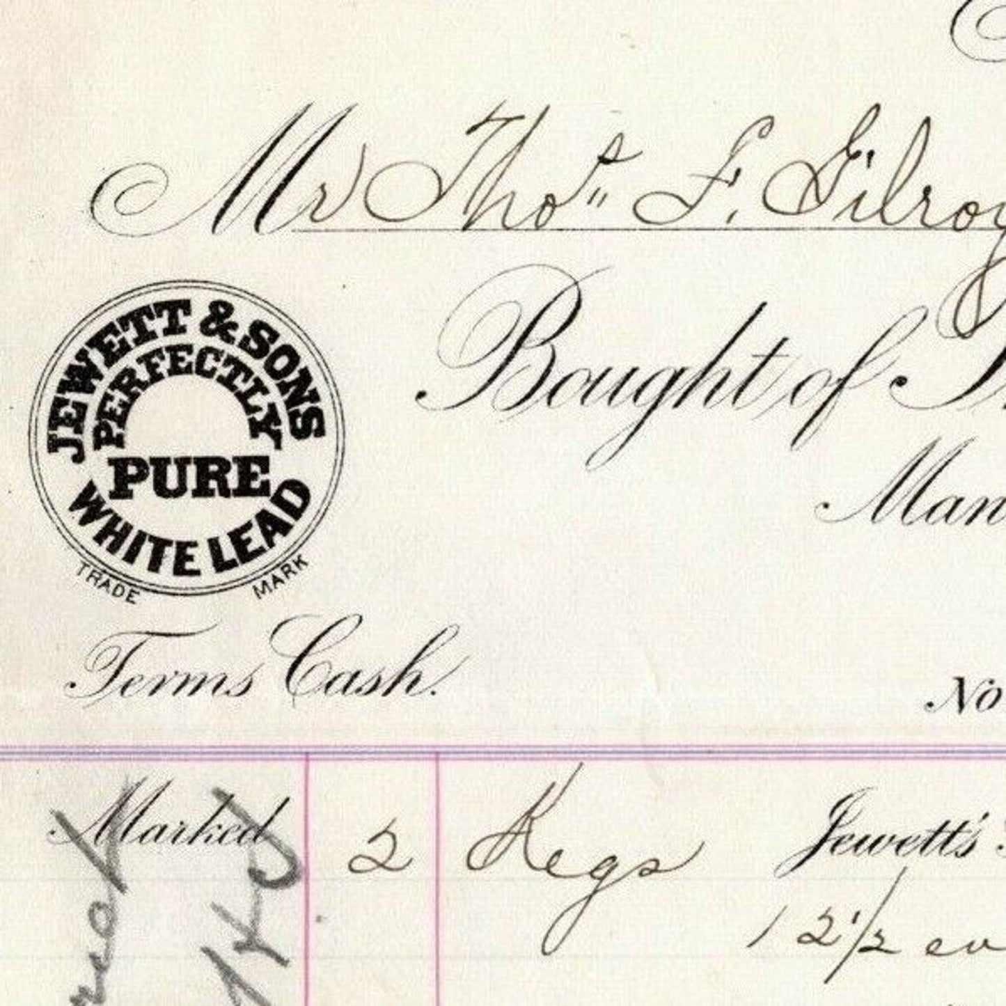 1887 "The Jewett White Lead Co." Billhead Letterhead Staten Island, NY