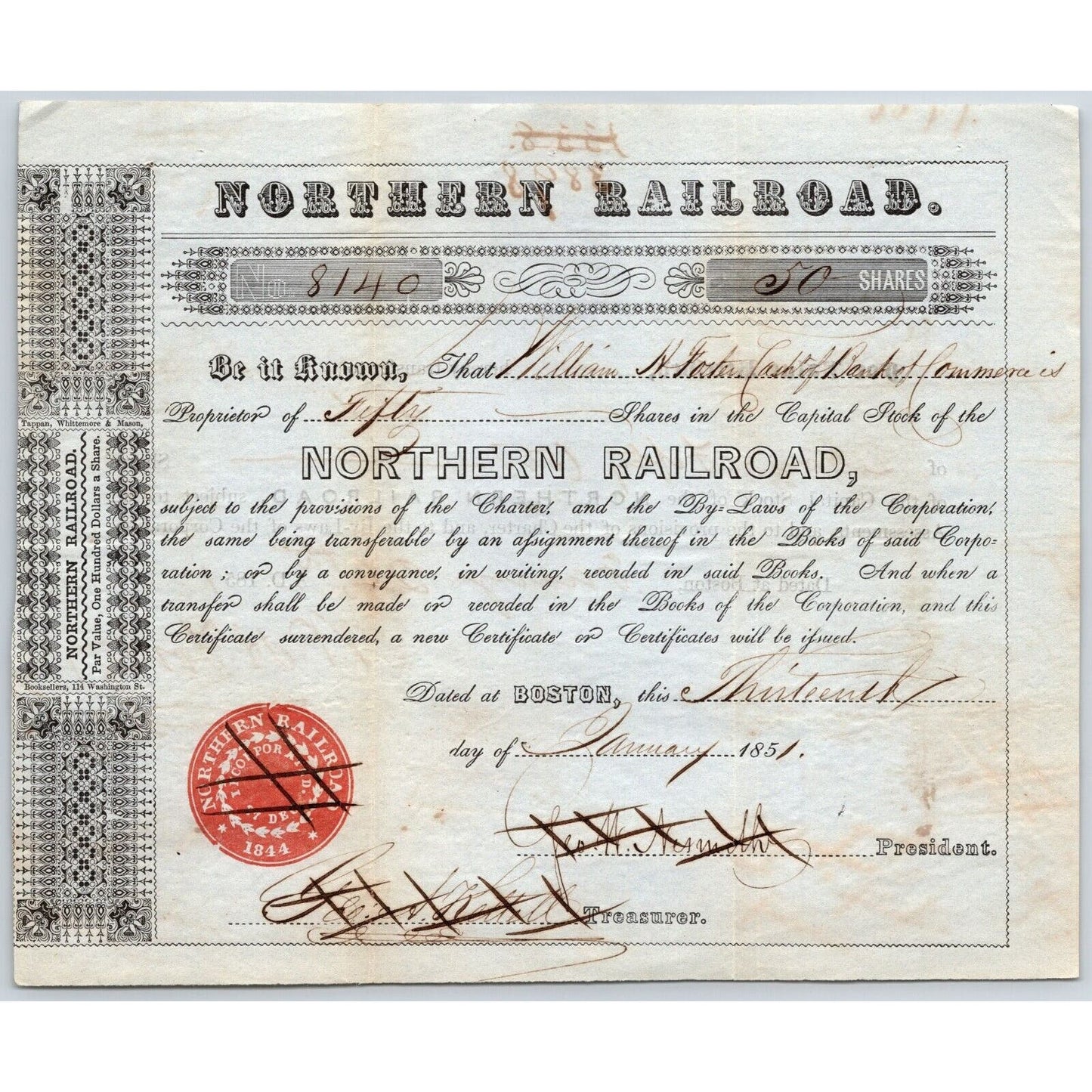 1851 Boston, MA Northern Railroad Stock Certificate No. 8140 for 50 Shares