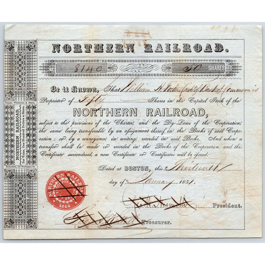 1851 Boston, MA Northern Railroad Stock Certificate No. 8140 for 50 Shares
