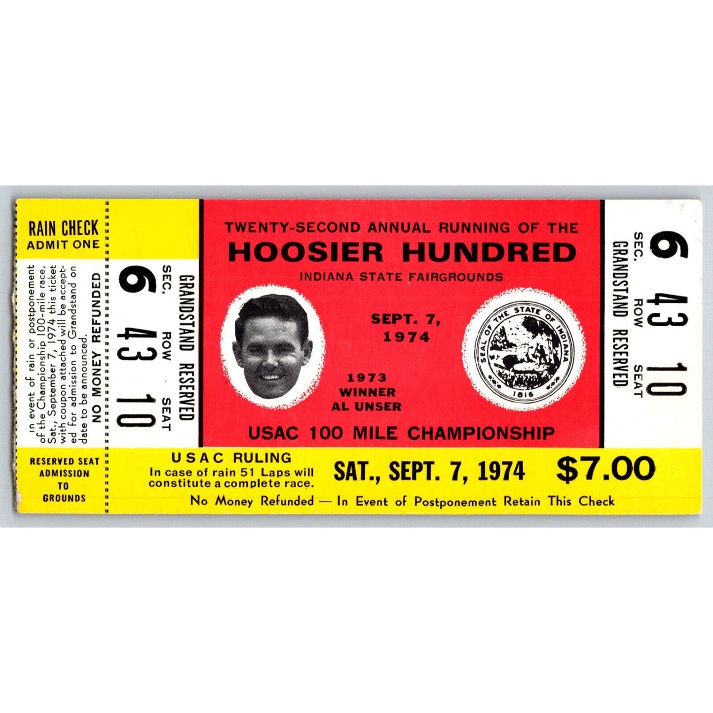 1974 Hoosier Hundred Ticket Stub Indiana Fairgrounds Racing Al Unser - seat 10