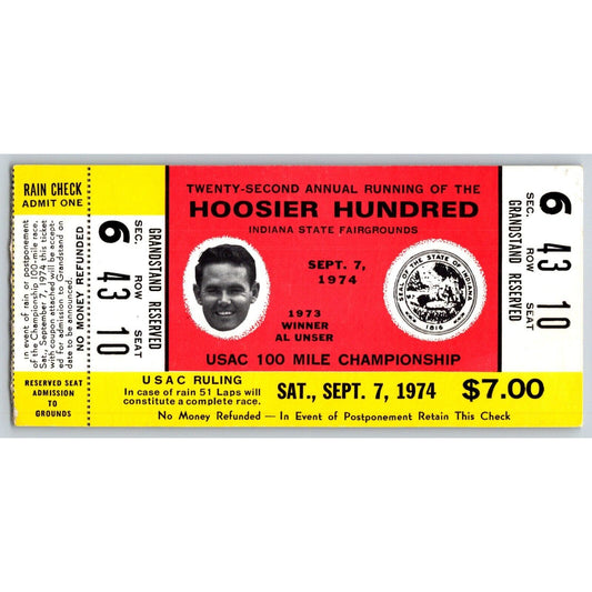 1974 Hoosier Hundred Ticket Stub Indiana Fairgrounds Racing Al Unser - seat 10