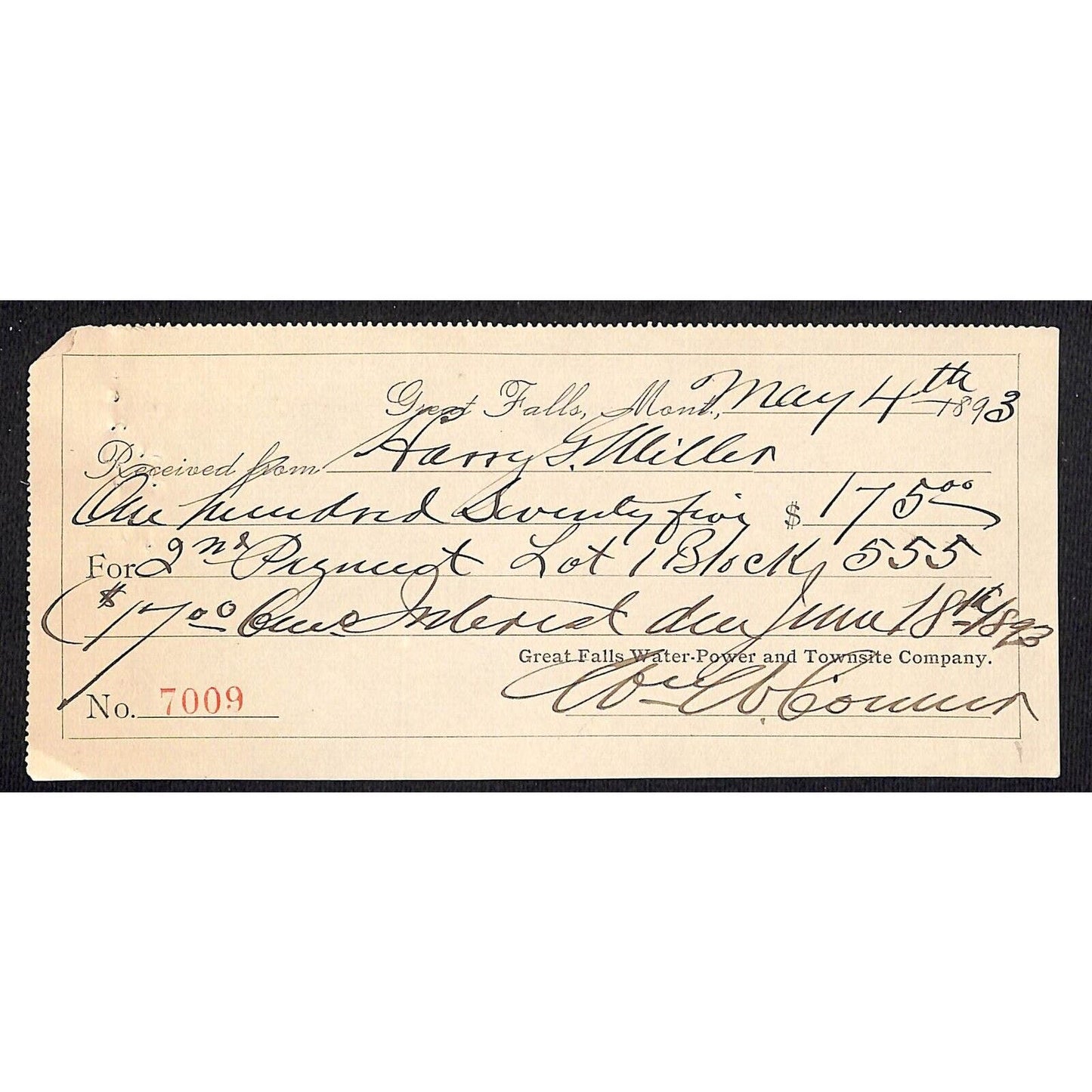 Great Falls Montana Water-Power and Townsite Co. Receipt 1893 Nice Hand Writing