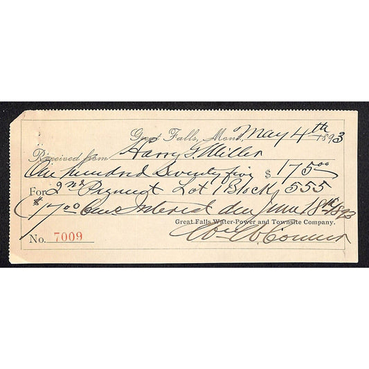 Great Falls Montana Water-Power and Townsite Co. Receipt 1893 Nice Hand Writing