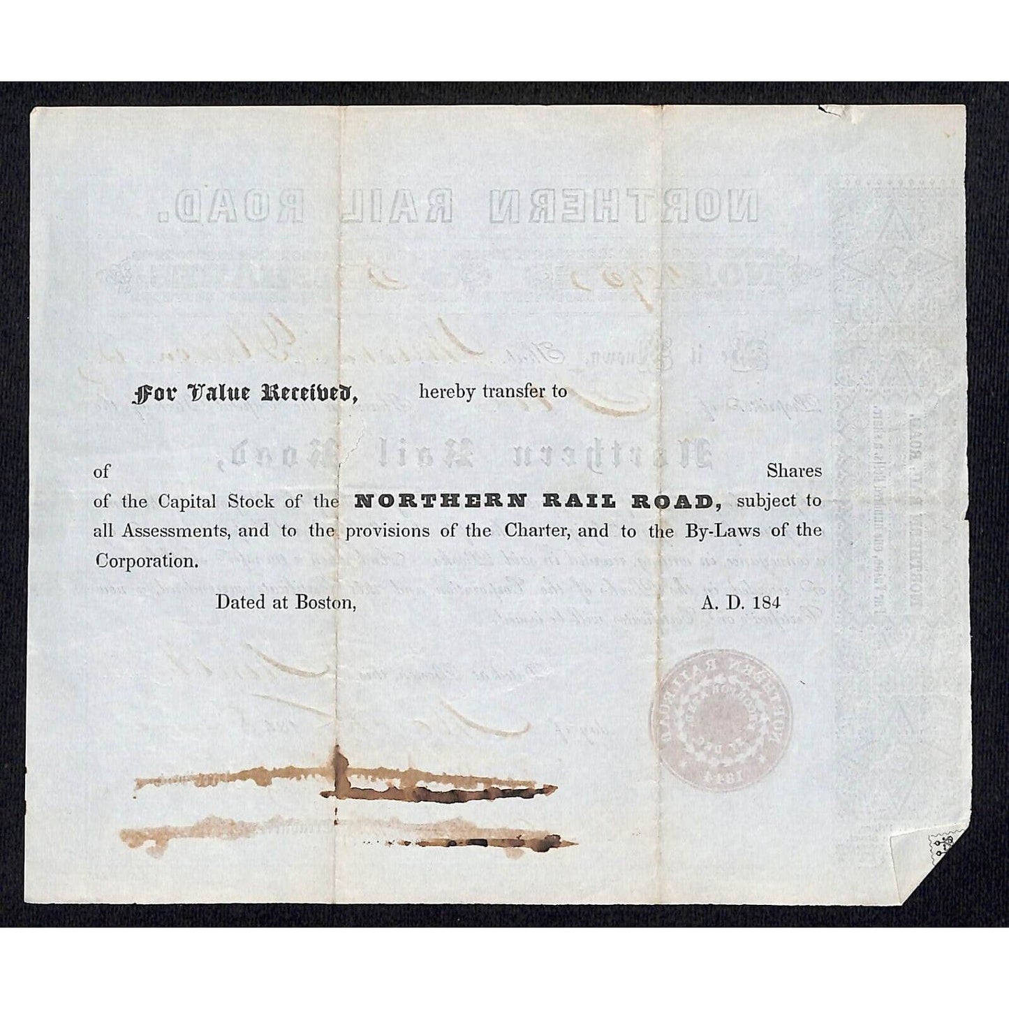 1848 Boston MA Northern Railroad Stock Certificate No. 2895 for 5 Shares