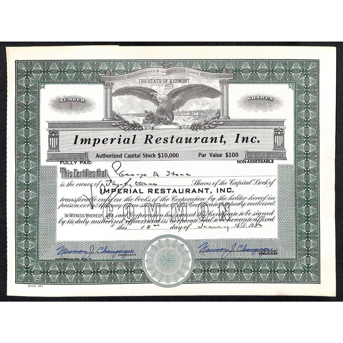 Imperial Restaurant, Inc 1950 Montpelier VT Stock Certificate Tax Stamps Scarce