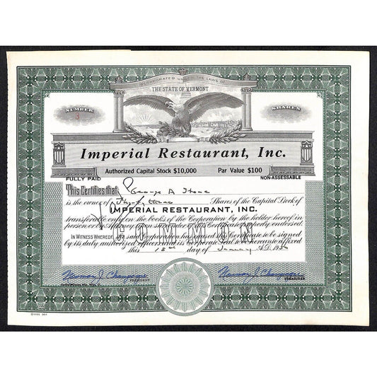 Imperial Restaurant, Inc 1950 Montpelier VT Stock Certificate Tax Stamps Scarce
