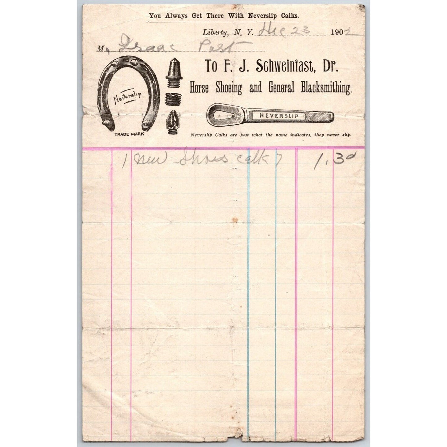Liberty, NY F.J. Schweinfast Horse Shoeing & Blacksmithing 1903 Billhead