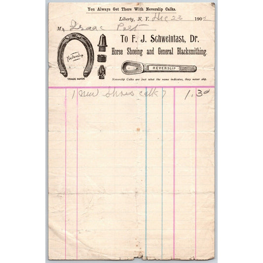 Liberty, NY F.J. Schweinfast Horse Shoeing & Blacksmithing 1903 Billhead