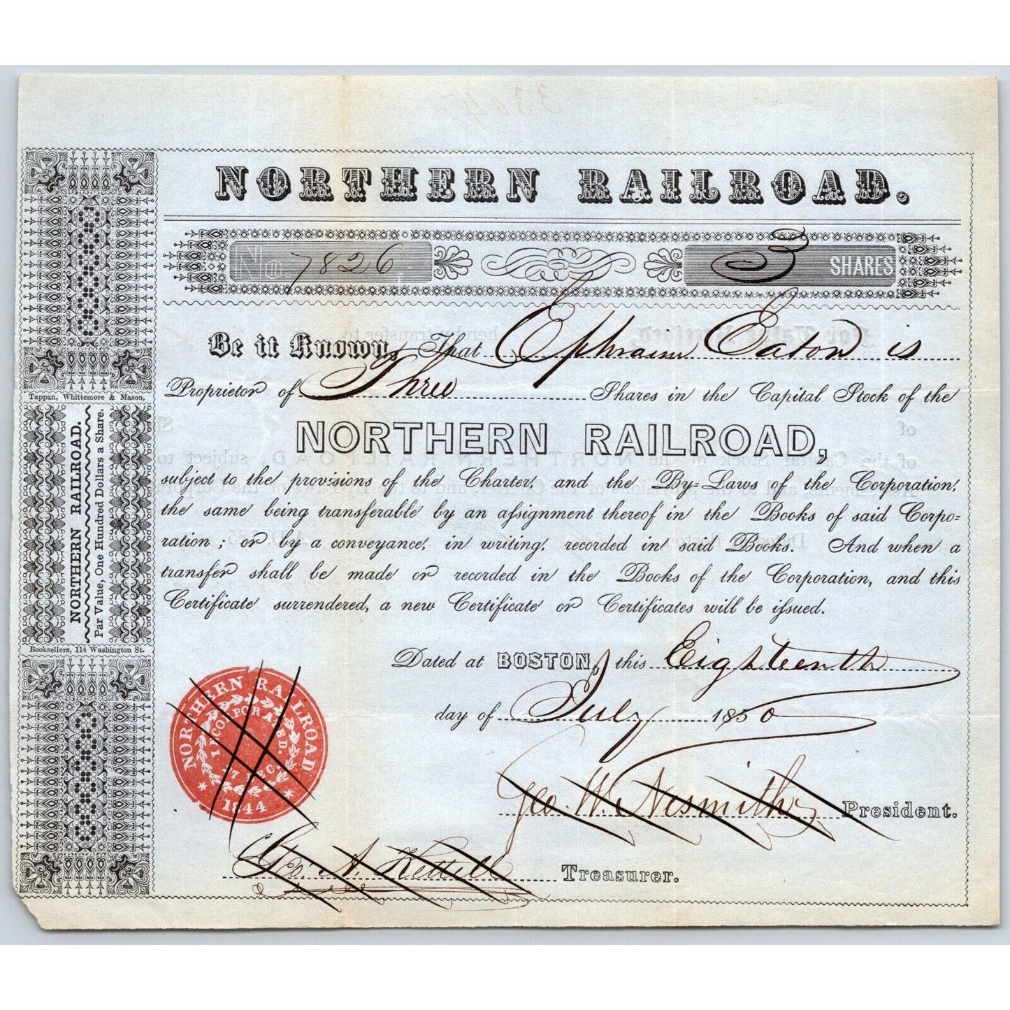 1850 Boston, MA Northern Railroad Stock Certificate No. 7826 for 3 Shares