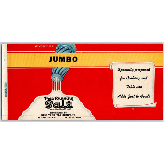 Jumbo Free Running Salt Paper Label 1948 New York Tea Co. St. Paul, Minn Scarce
