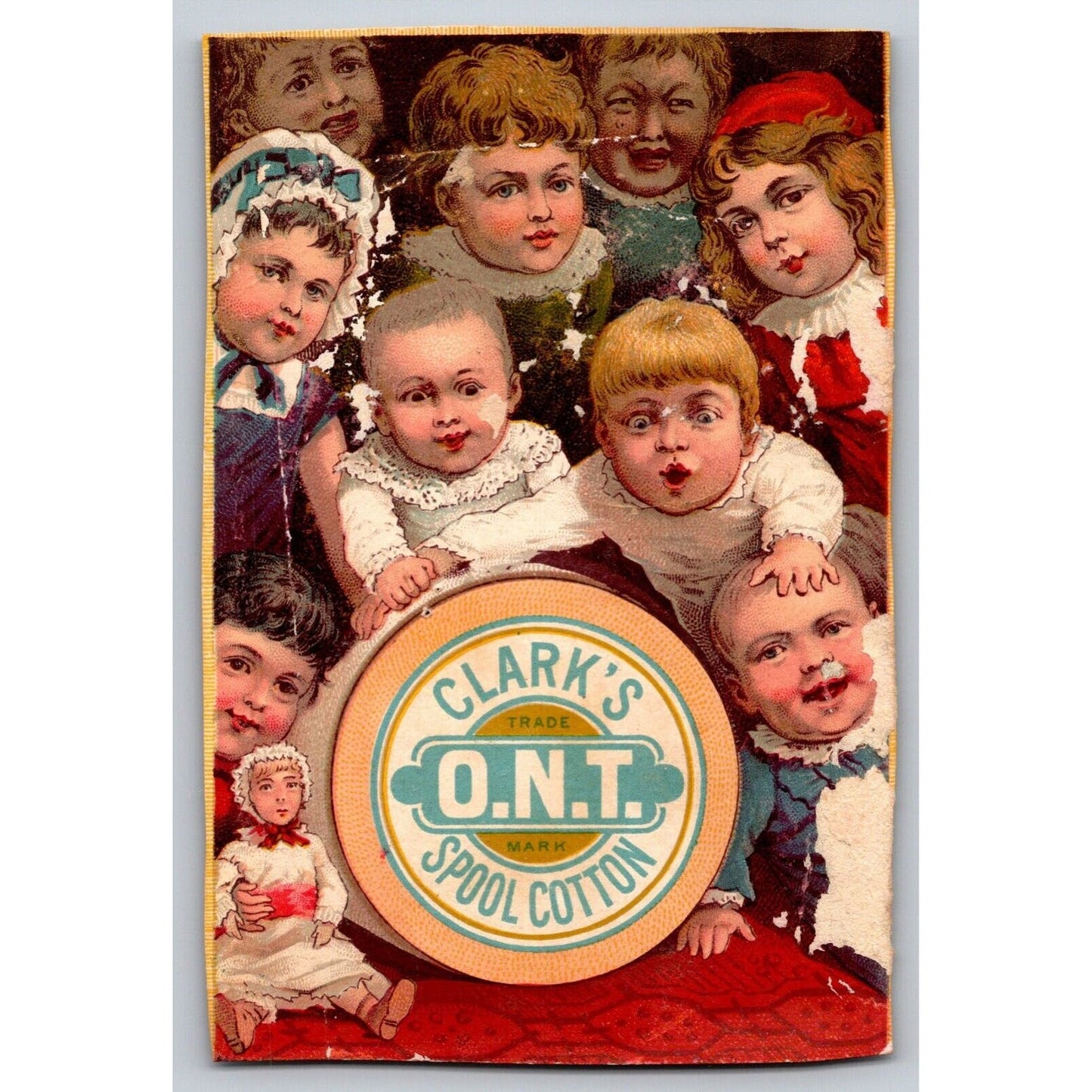 "A - Head of All of Them" Many Children's Faces Victorian Trade Card Trimmed