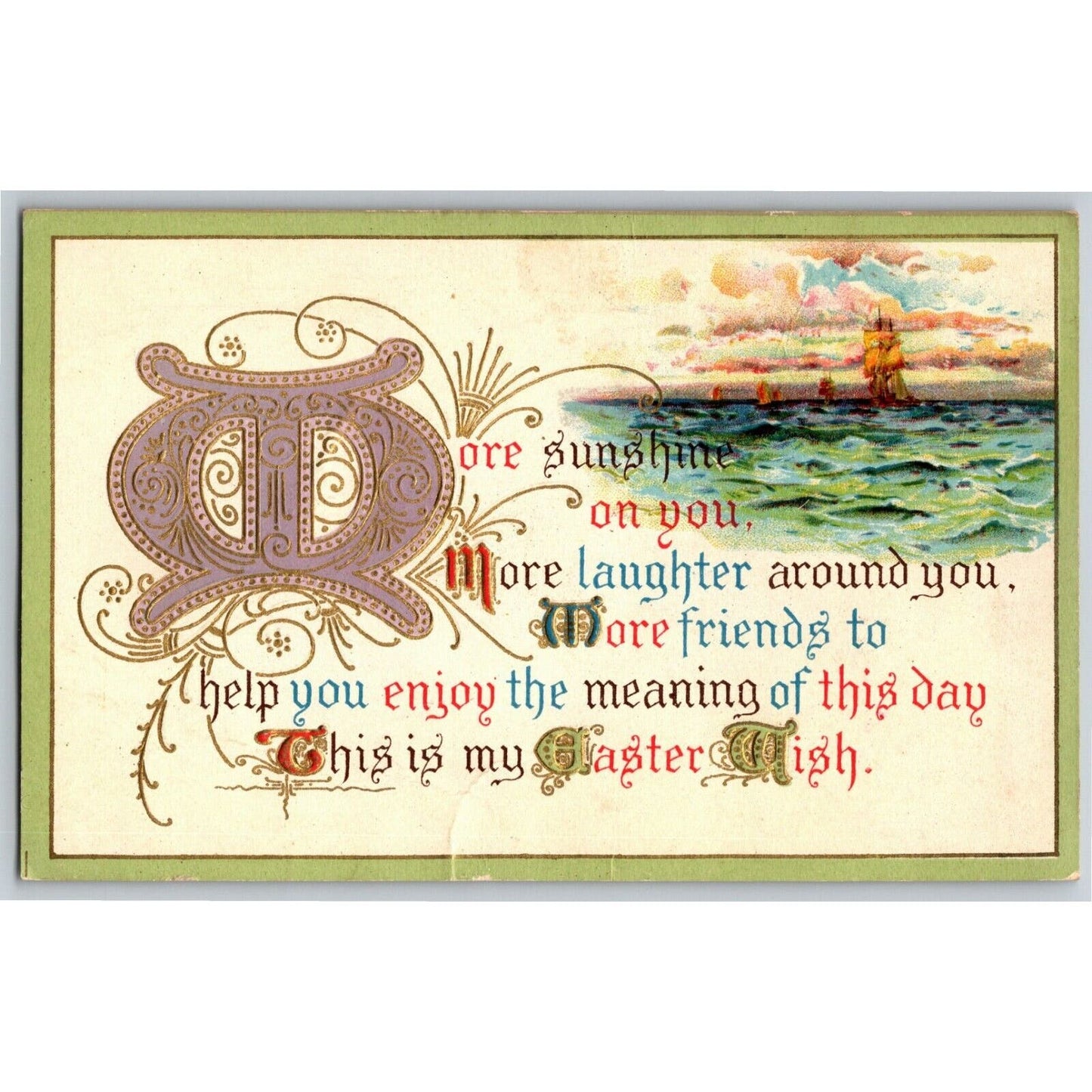 Vintage Postcard c1913 "More Sunshine on You.." Ship at Sea - Gilt - Embossed