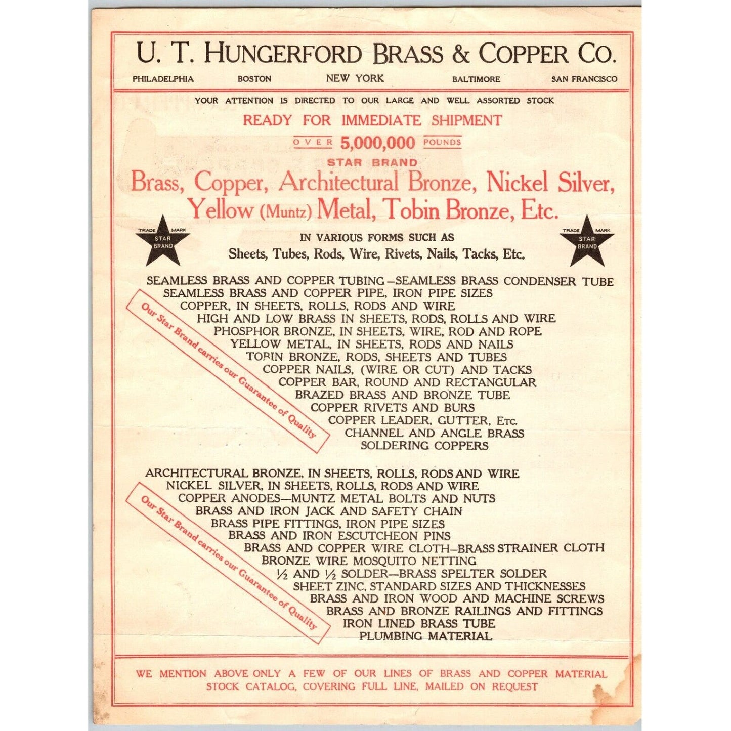 New York City U.T. Hungerford Brass & Copper Co. 1921 Letterhead w/ Gold Ink