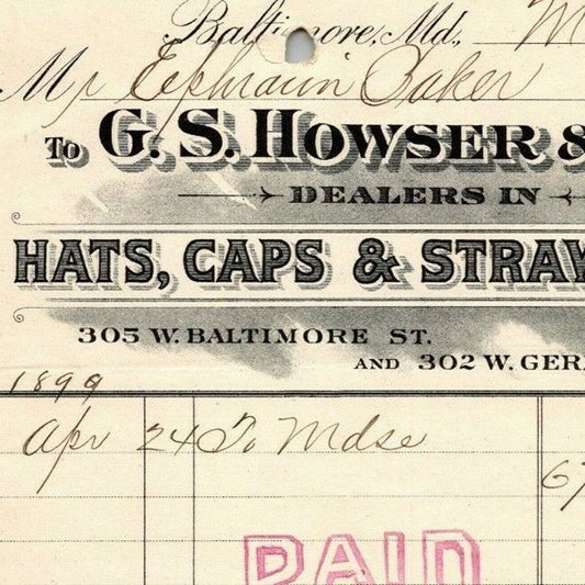 1899 Letterhead G.S. Howser Hats Caps Straw Goods Baltimore - Ephraim Baker*
