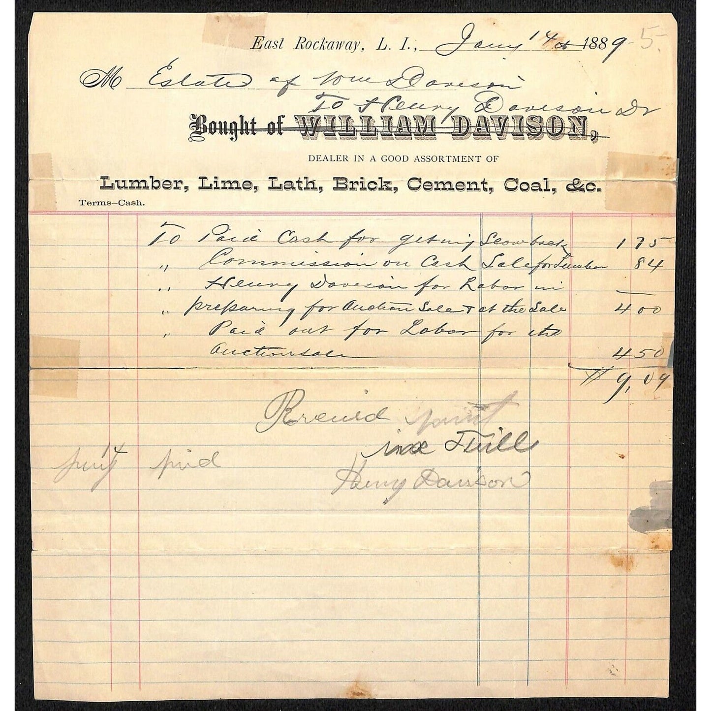 1889 East Rockaway, LI, NY Letterhead William Davison Lumber Brick Lime Lath