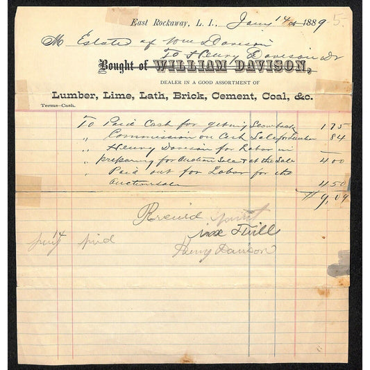 1889 East Rockaway, LI, NY Letterhead William Davison Lumber Brick Lime Lath