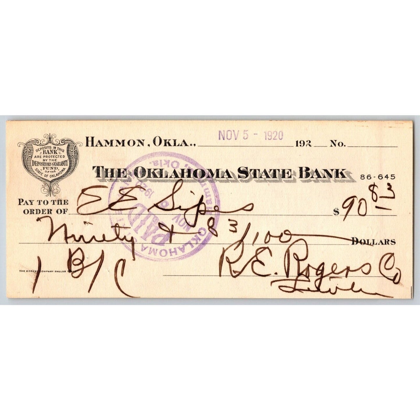 Hammon Oklahoma State 1920 Bank Check - Scarce