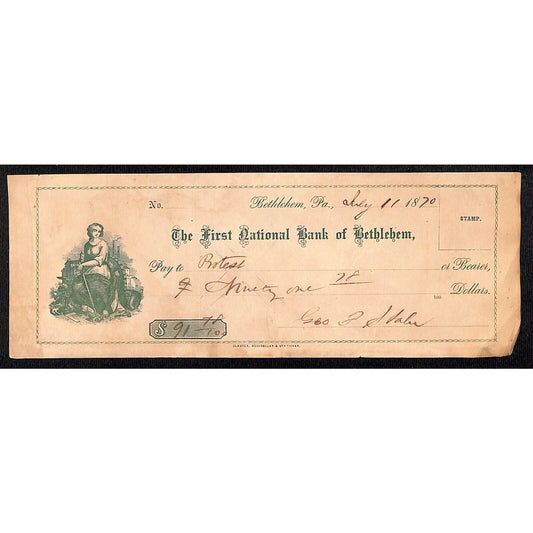 Bethlehem, PA 1870 First National Bank of Bethlehem Check w/ Vignette