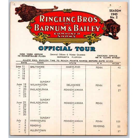 1945 Ringling Bros Barnum & Bailey Circus Route Card Baltimore Philadelphia