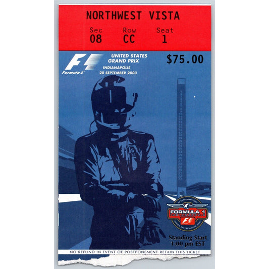 2003 Indianapolis Formula One Grand Prix Racing Ticket Stub 9/28 VGC - Seat 1