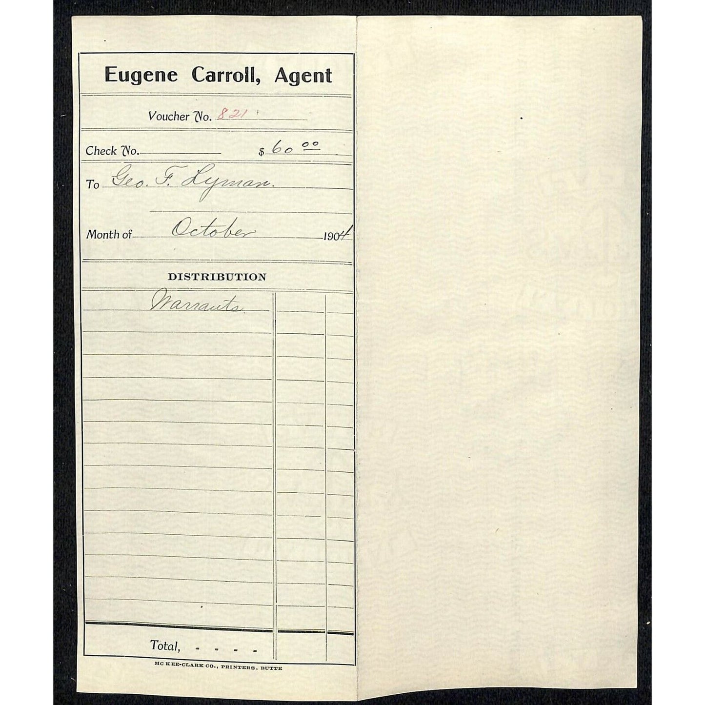 1904 Check Daly Bank & Trust Co. Butte, MT Eugene Carroll to George F. Lyman