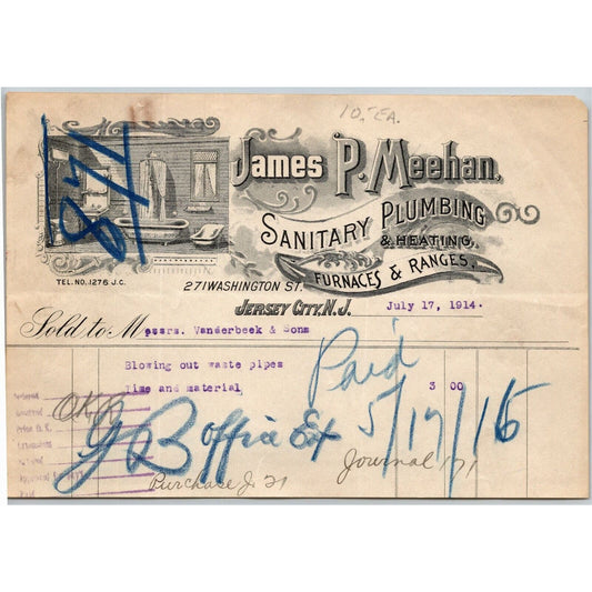 1914 Jersey City, NJ Letterhead James P. Meehan - Sanitary Plumbing & Heating