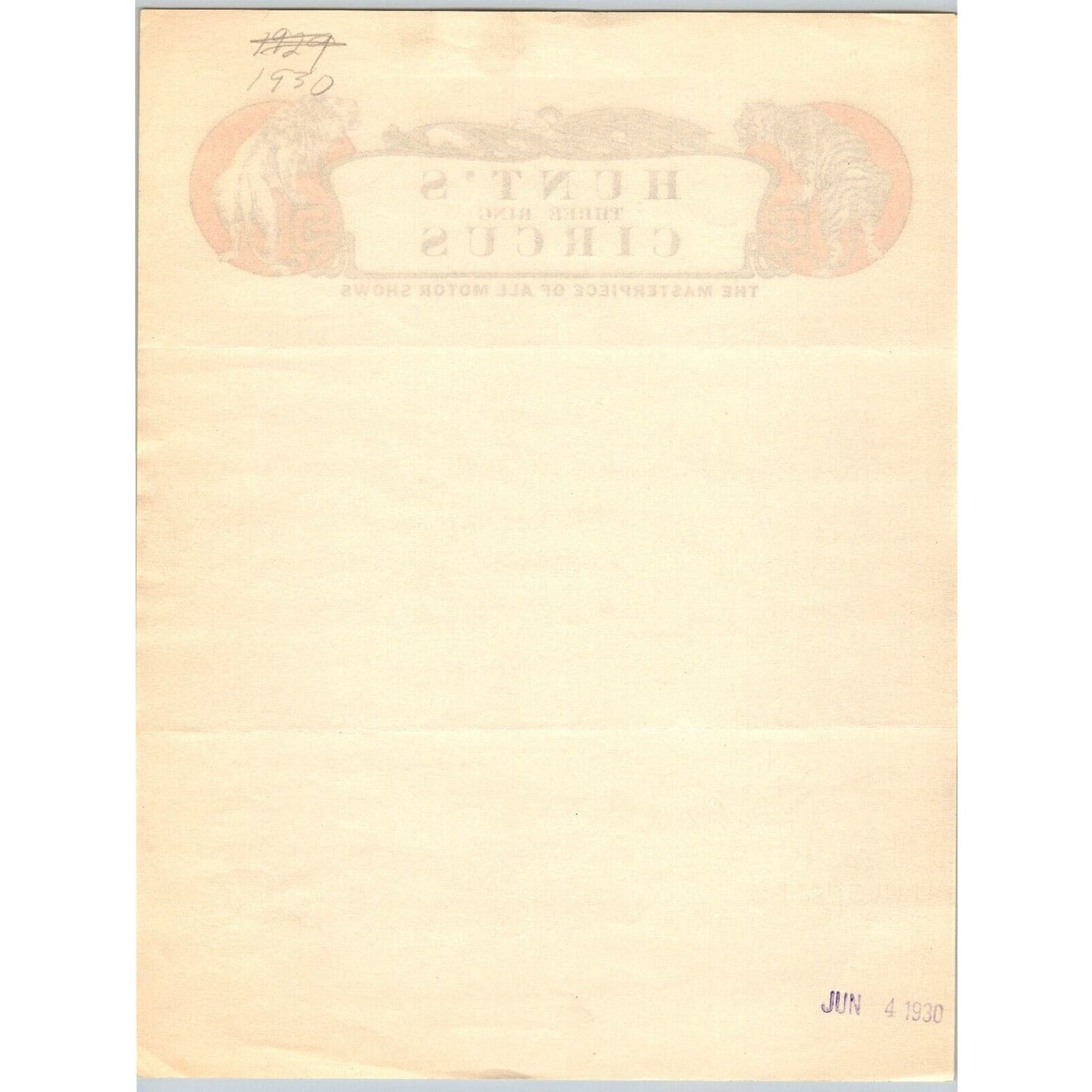 Hunt's Three Ring Circus Letterhead c1930 Masterpiece of All Motor Shows Scarce