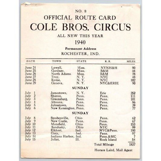 1940 Cole Bros Circus Route Card PA MA NY OH IN IL