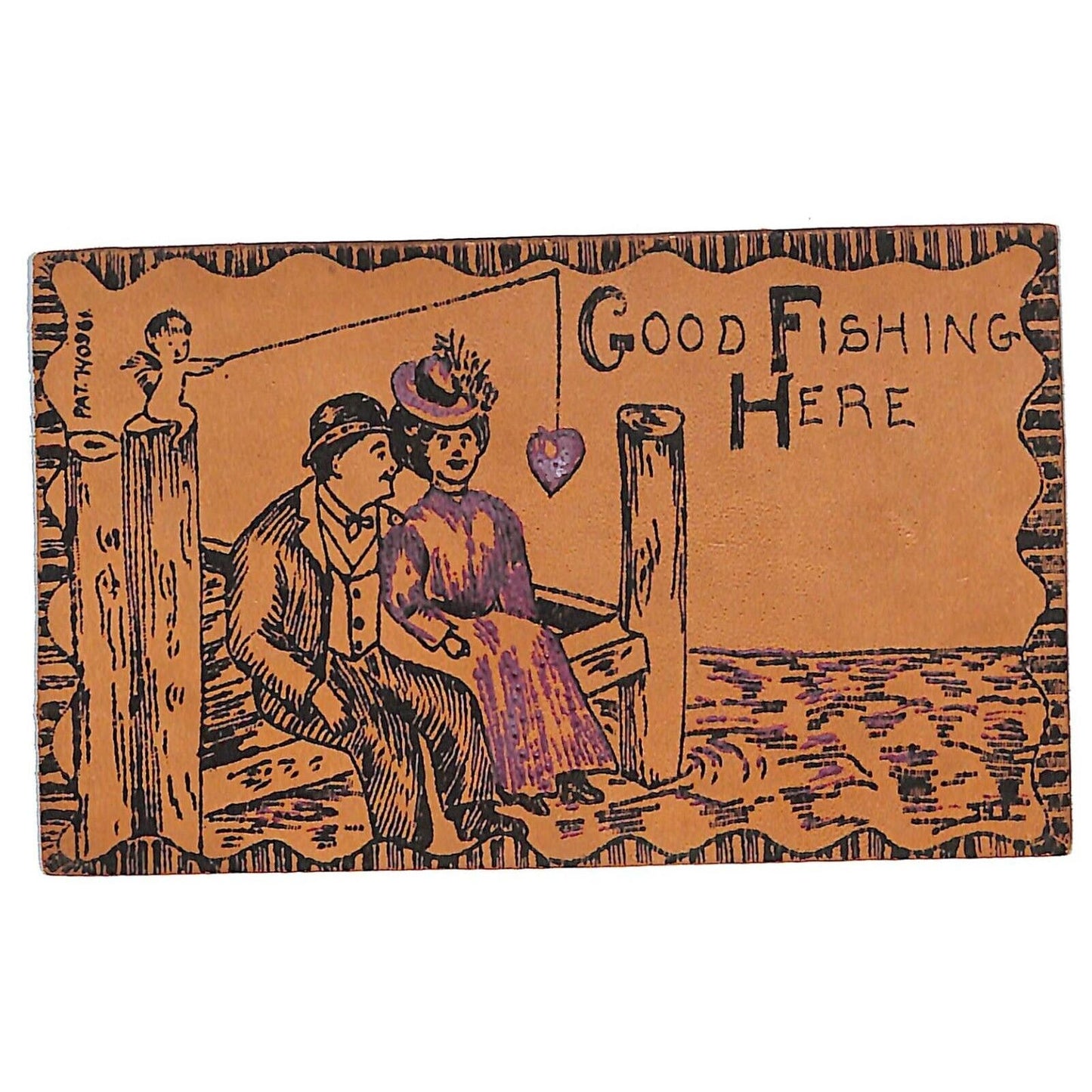 Funny Leather Postcard "Good Fishing Here" Couple Sitting at Edge of Dock