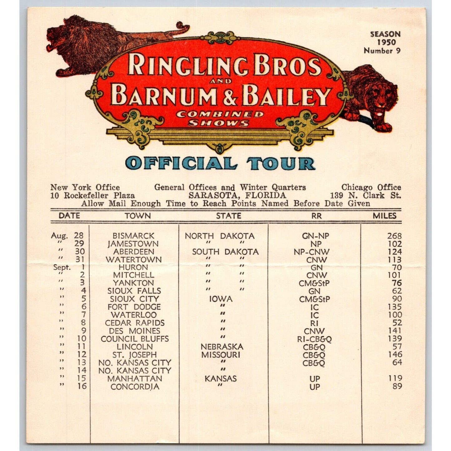 1950 Ringling Bros Barnum Bailey Circus Route Card Yankton Cedar Rapids Lincoln