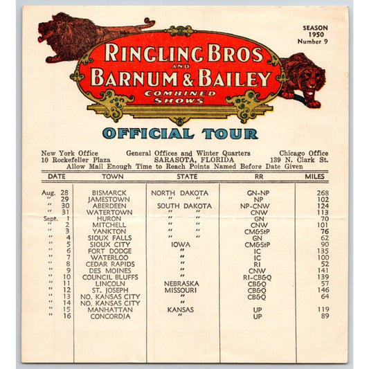 1950 Ringling Bros Barnum Bailey Circus Route Card Yankton Cedar Rapids Lincoln